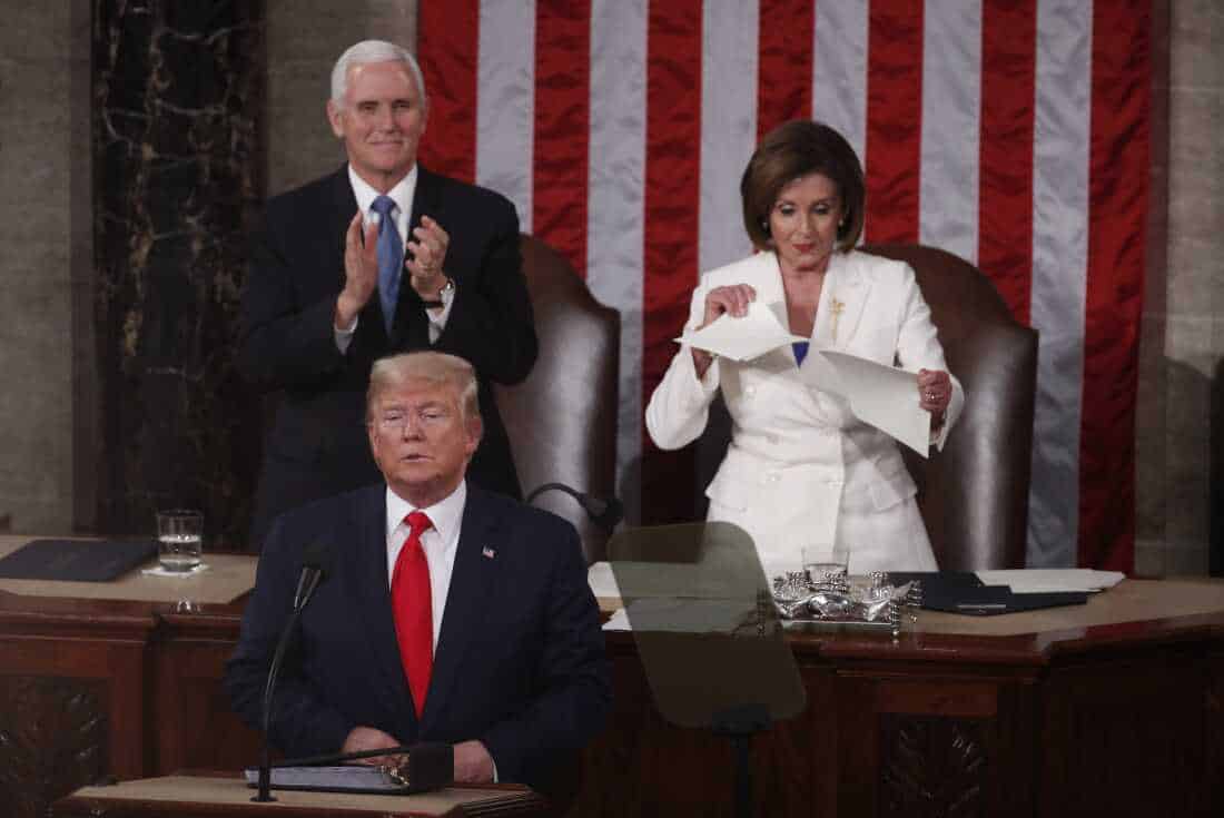 House Speaker Nancy Pelosi, a Democrat from California, right, rips up papers after President Trump, bottom left, delivers a State of the Union address to a joint session of Congress at the U.S. Capitol on Feb. 4.