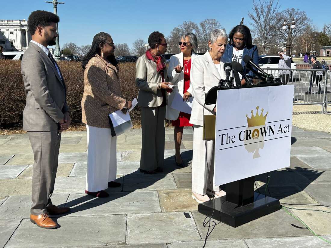 New Jersey Rep. Bonnie Watson Coleman, fellow Democratic lawmakers and Adjoa B. Asamoah, a co-founder of the CROWN coalition, speak at a press conference about the CROWN Act on Mar. 11 in front of the U.S. Capitol.