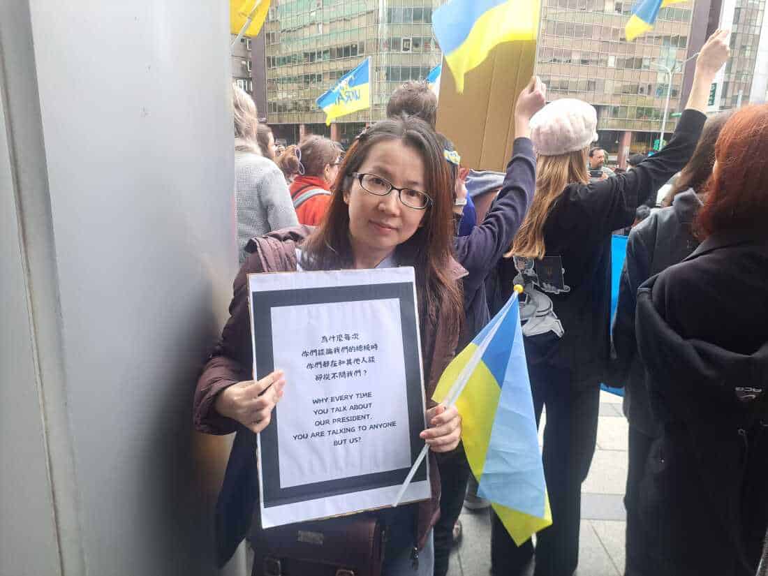 Activist Deng Ruei-yun attends a protest in Taipei, marking three years since Russia launched its full-scale invasion of Ukraine.