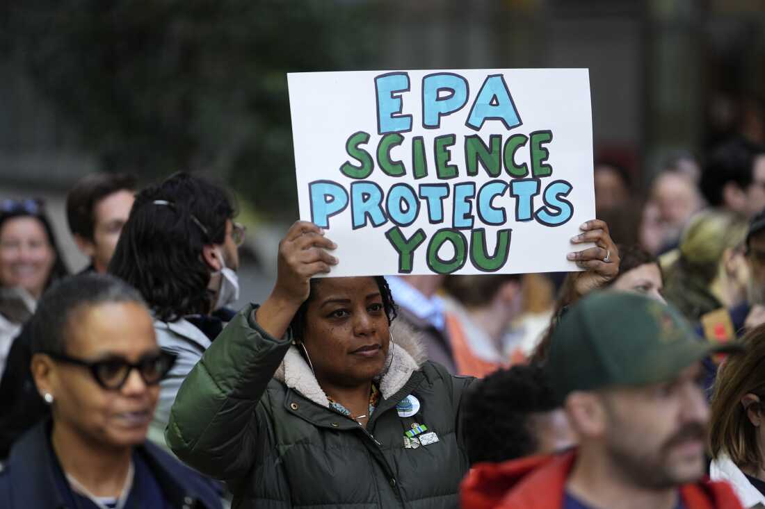 Environmental Protection Agency employees take part in a march in Philadelphia in March against actions taken by the Trump administration.