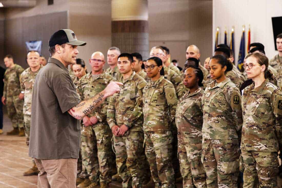 Defense Secretary Pete Hegseth addresses service members at Fort Bliss, Texas, and Joint Task Force Southern Border, to discuss the efforts they are undertaking to establish the New Mexico National Defense Area on April 25.