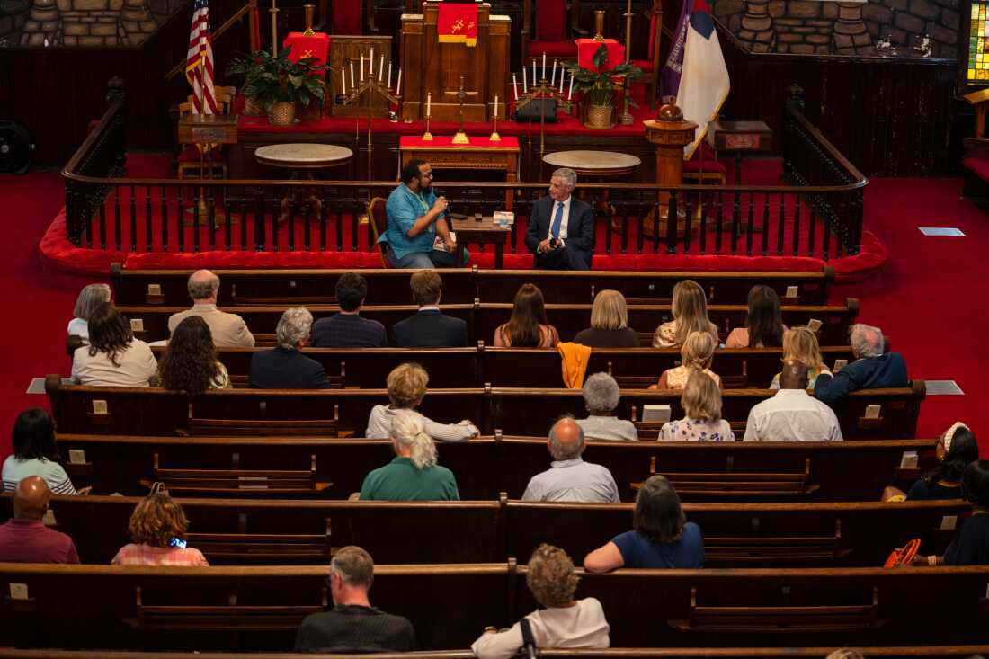 Author Kevin Sack speaks in an interview in front of an audience at Mother Emanuel African Methodist Episcopal Church in Charleston, SC on June 2, 2025.