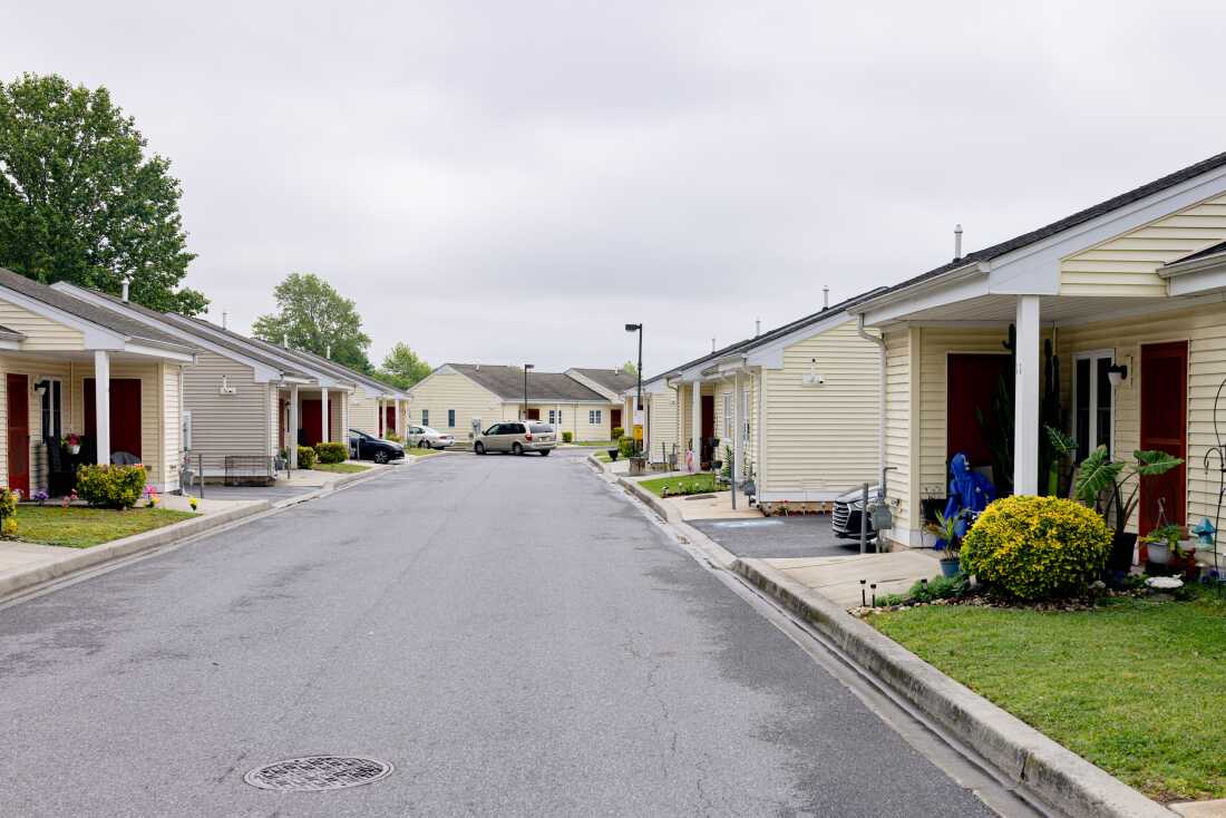Becca Morris’ apartment of nine years, right, is seen in the Laverty Lane public housing apartment complex in Bridgeville, Delaware on Wednesday, May 14, 2025. (Wesley Lapointe/ for NPR)