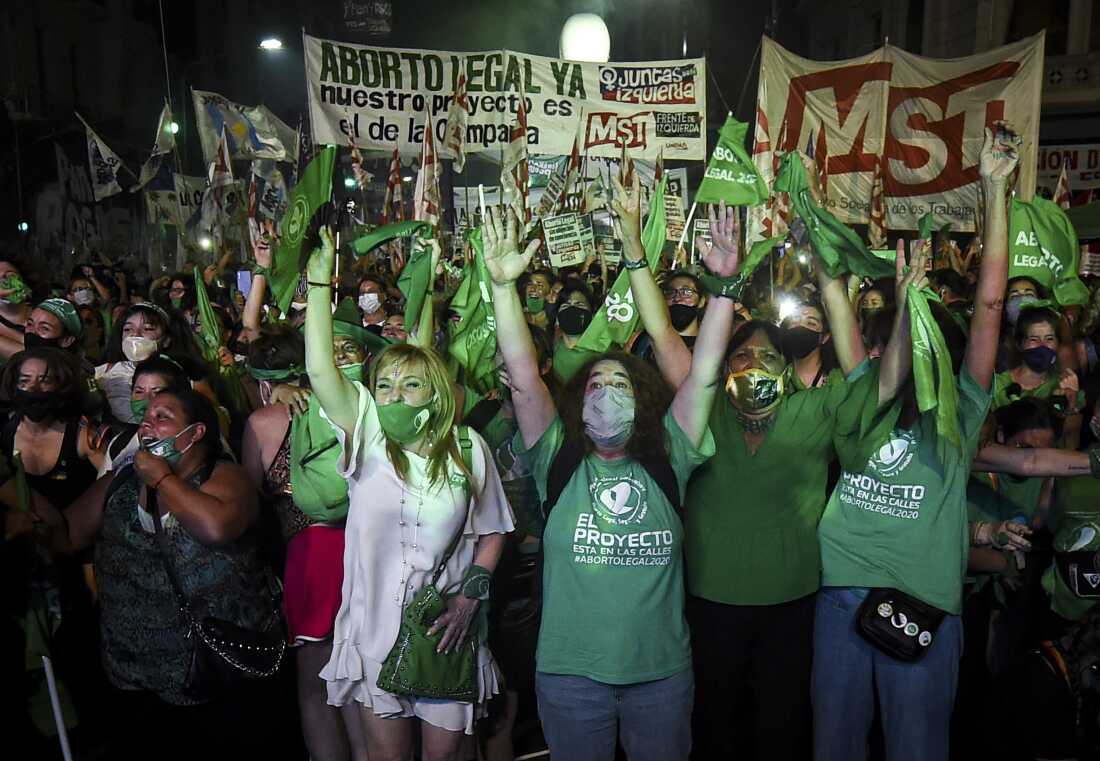 Demonstrators celebrate after the right to an abortion is legalized on Dec. 30, 2020, in Buenos Aires, Argentina.
