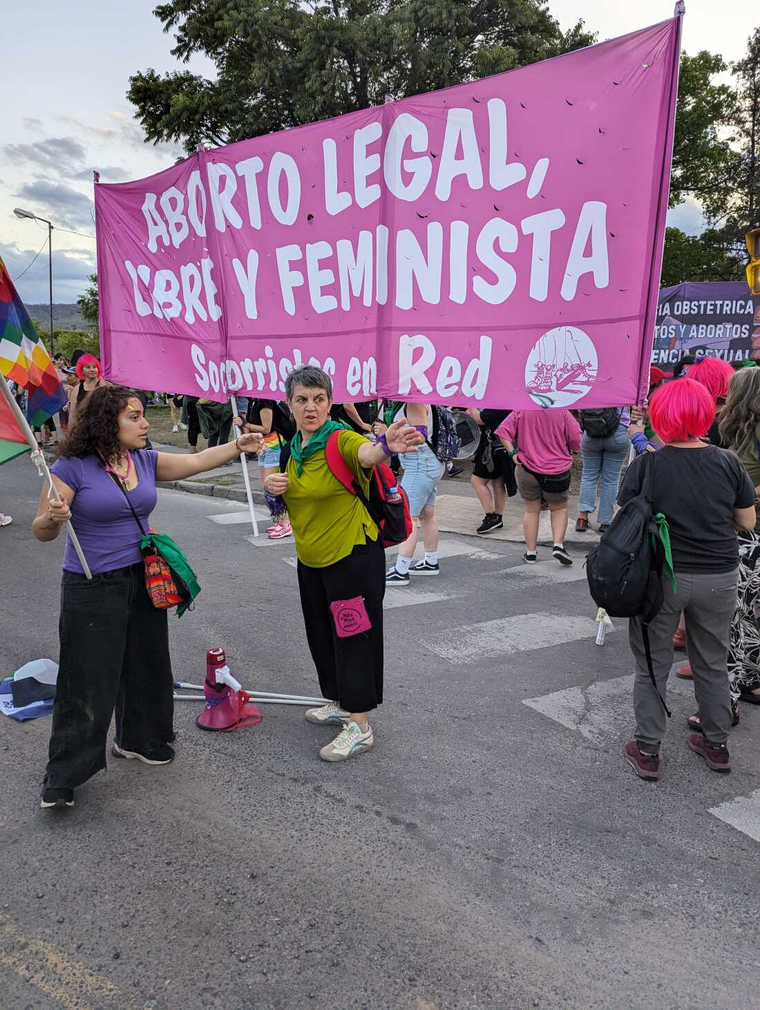 Ruth Zurbriggen (center) speaks to another participant at a march during the Encuentro. She is one of the founders of Socorristas en Red (First Responders Network), which is now the biggest abortion accompaniment network in the world.