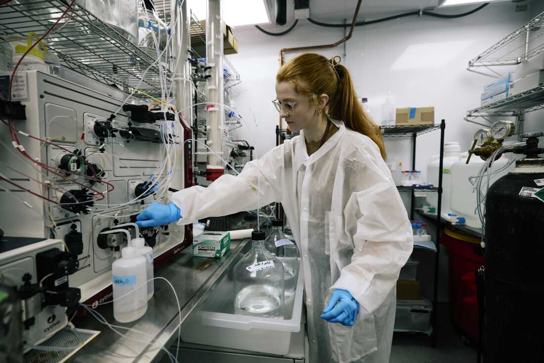 Scientist Ruby McAslan works on hemoglobin purification in the cold room at KaloCyte at the Center for Blood Oxygen Transport and Hemostasis at the University of Maryland School of Medicine.