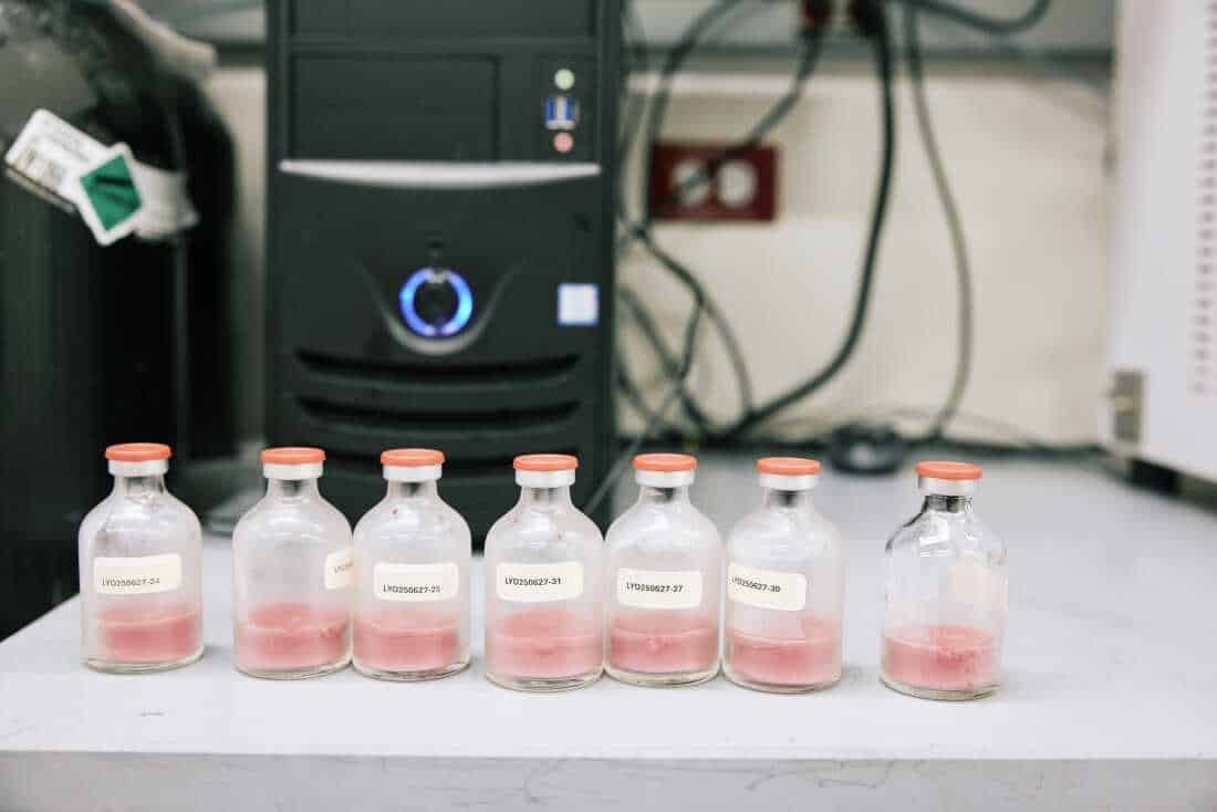 Freeze-dried artificial blood developed in Doctor's lab can be reconstituted with water and infused into an animal test subject. Ultimately the research team hopes to test this in people, using product derived from human red blood cells.