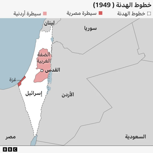 خريطة تحدد خطوط الهدنة المحددة عام 1949