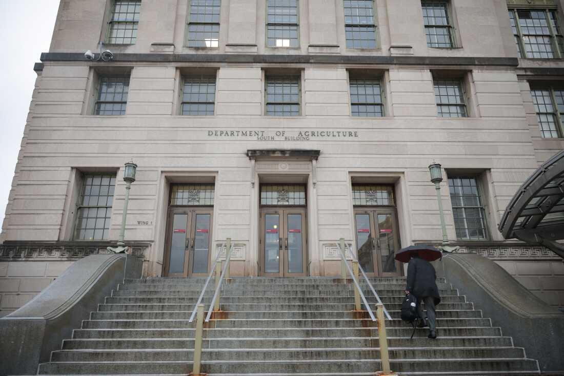 A person walks with an umbrella as rain falls on the Department of Agriculture building in Washington, D.C., on April 11.
