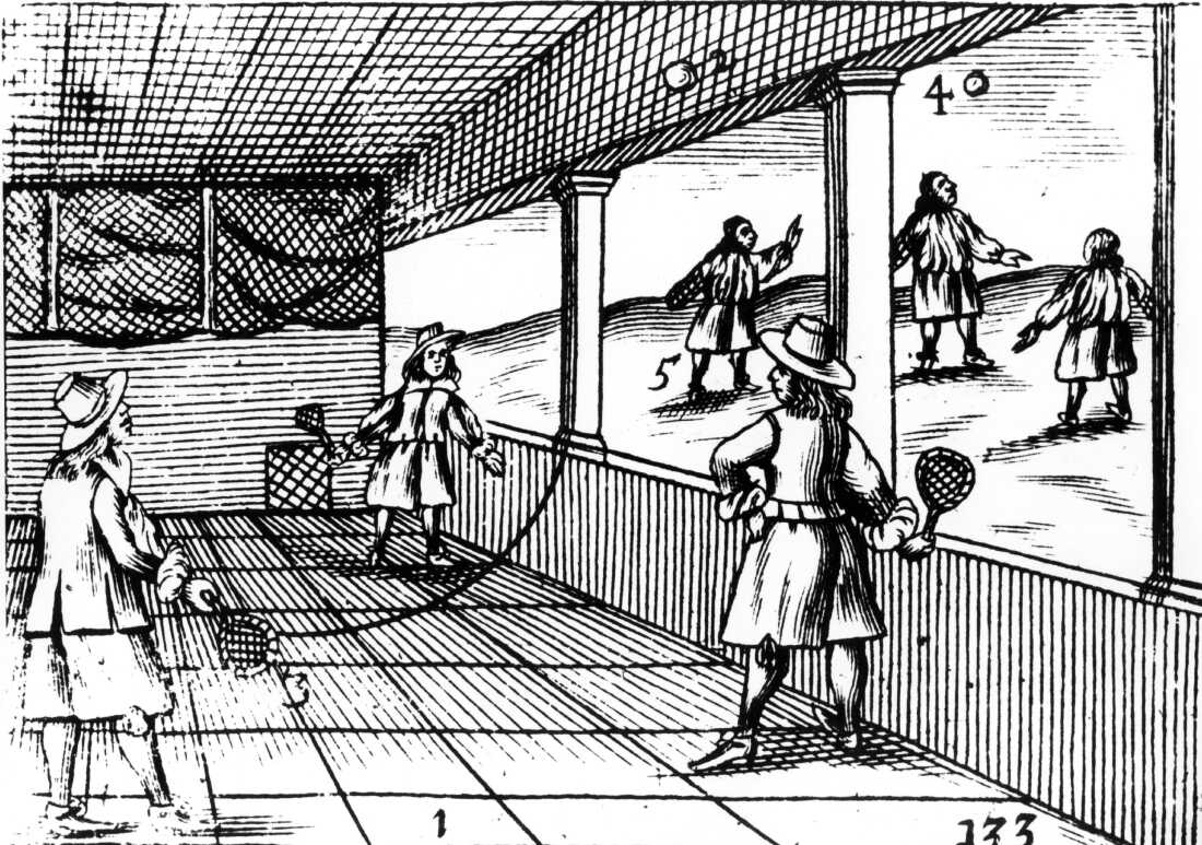 This black-and-white engraving of a tennis match from 1659 shows three people in old-fashioned clothes holding small tennis rackets.