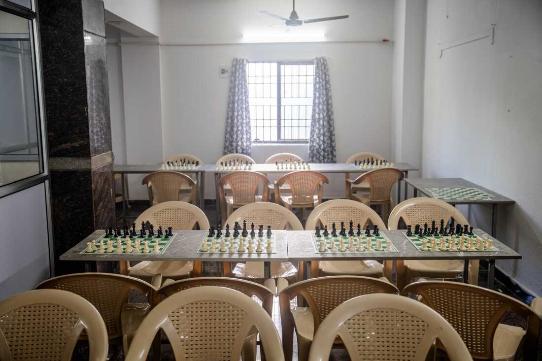 The classroom at Venkatesan Enumalai’s Sathuranga Chanakyan Chess Club in Chennai, India with boards set up and ready before the students arrive.