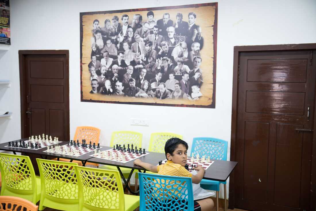 Beginner Srihari Krishna waits for class to begin at the Madras School of Chess in Chennai, India.