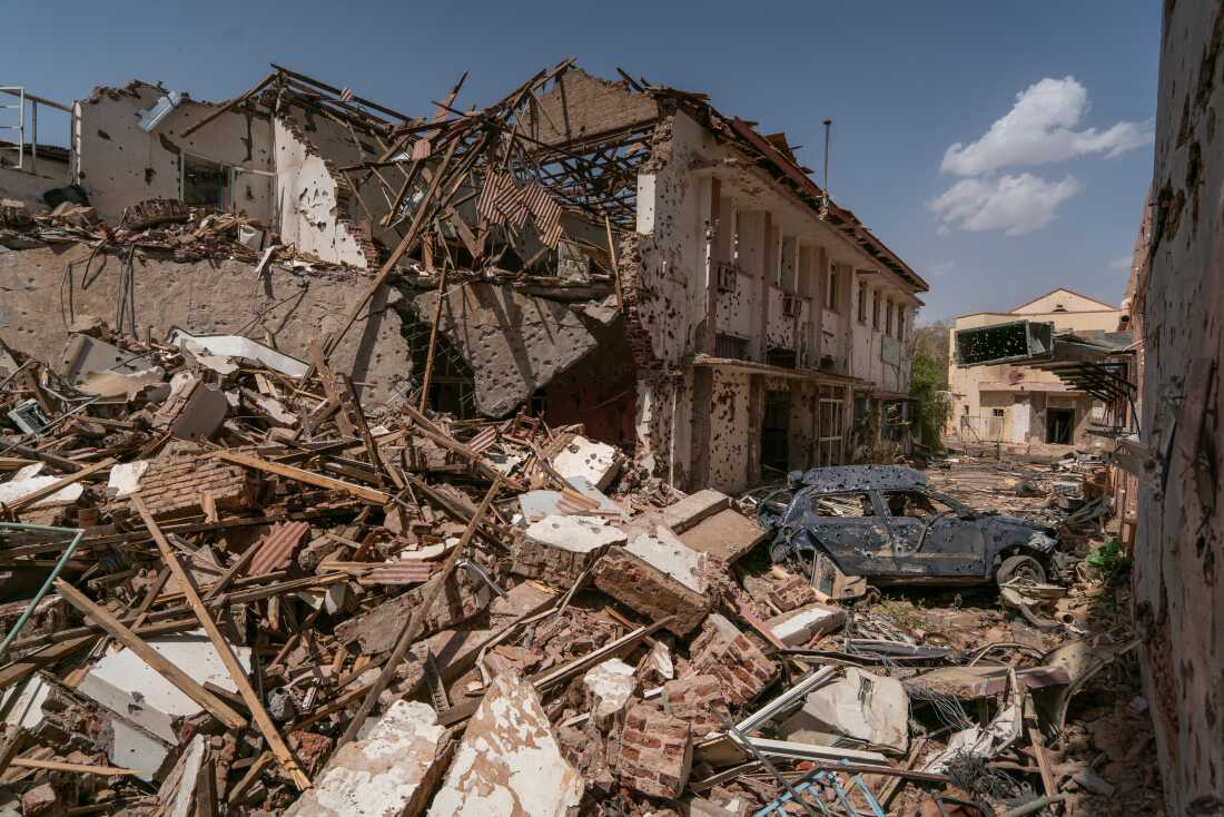 The remains of a psychiatric hospital in the grounds of the destroyed Al-Shaab Hospital in central Khartoum on April 24, 2024.