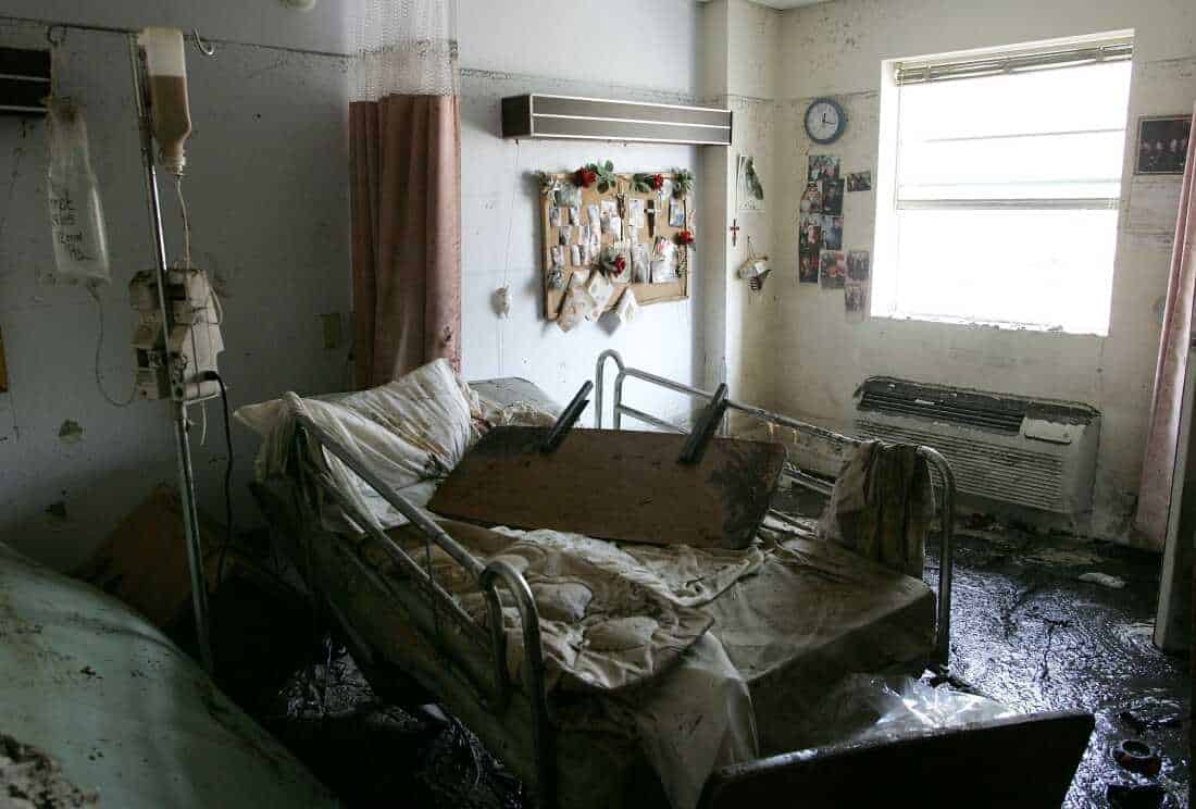 ST. BERNARD, LA - SEPTEMBER 14: A hospital bed sits in a room at the St. Rita's Nursing Home September, 14, 2005 in St. Bernard, Louisiana. The owners of St. Rita's Nursing home, Mable and Salvador Mangano, were formally charged with 34 counts of negligent homicide after they allegedly failed to evacuate patients at the home prior to Hurricane Katrina. Thirty-four people died after they drown in the rising flood waters. (Photo by Justin Sullivan/Getty Images)