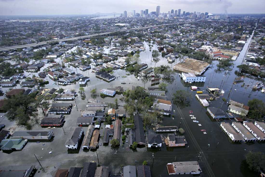 An aerial view of New Orleans and surrounding areas flooded with water following Hurricane Katrina.