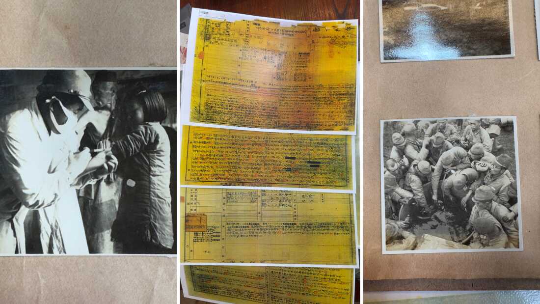  (Left to right): A photo in an album brought back to Japan from China by Katsutoshi Takegami’s father shows what appears to be a Japanese doctor giving a Chinese girl an injection; A copy of the military record of Katsutoshi Takegami’s father Toshiichi Miyashita, showing that he served in the Japanese Imperial Army’s Unit 1644 in World War II; A photo from the same album shows Japanese soldiers filling their canteens during WWII.