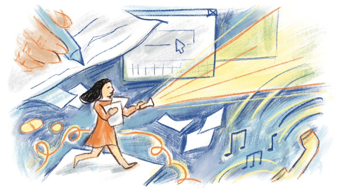 Illustration of a woman running with documents while shining a flashlight through a dark space filled with medical pills, documents, and computer windows. A large hand fills out a form in a corner, while a phone plays hold music.