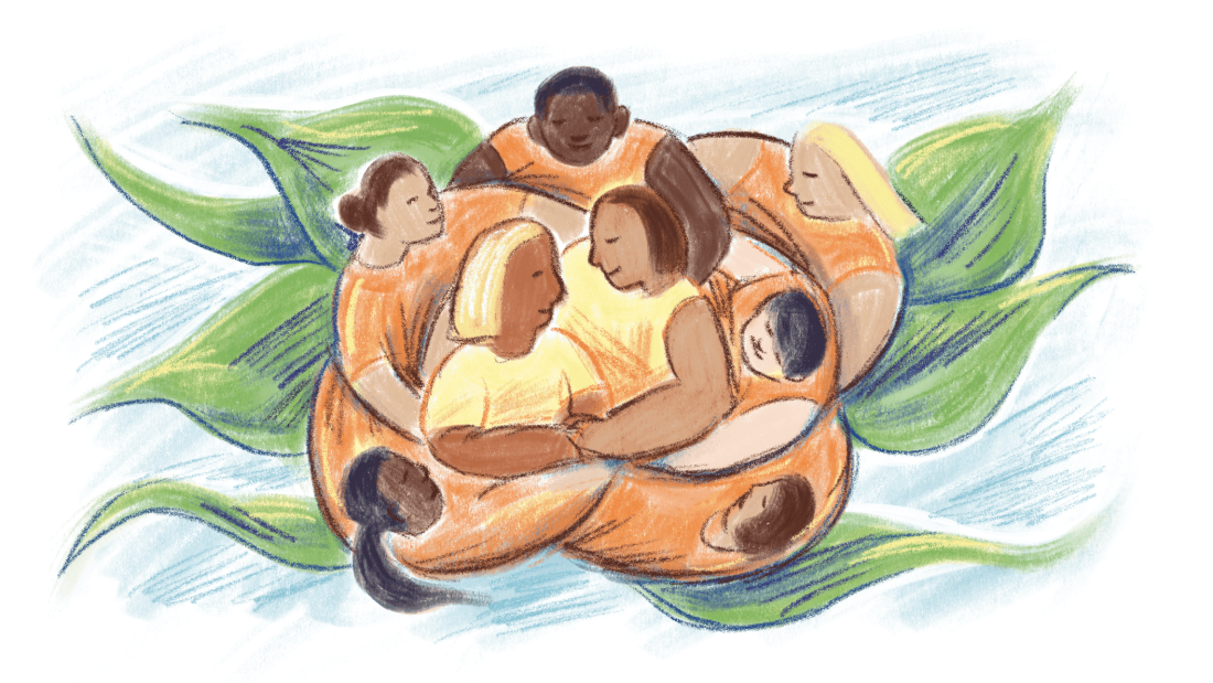 Illustration of a group of people hugging each other. Their arms circle the two people in the middle, making the shape of a flower.