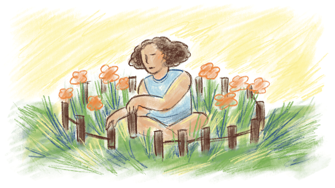 An illustration of a woman sitting in a fenced garden, putting up posts around it. 