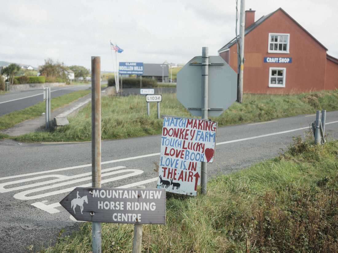 A sign advertising Willie Davy's donkey farm and matchmaking musemm on a road near Lisdoonvarna, Ireland, Sep. 28.