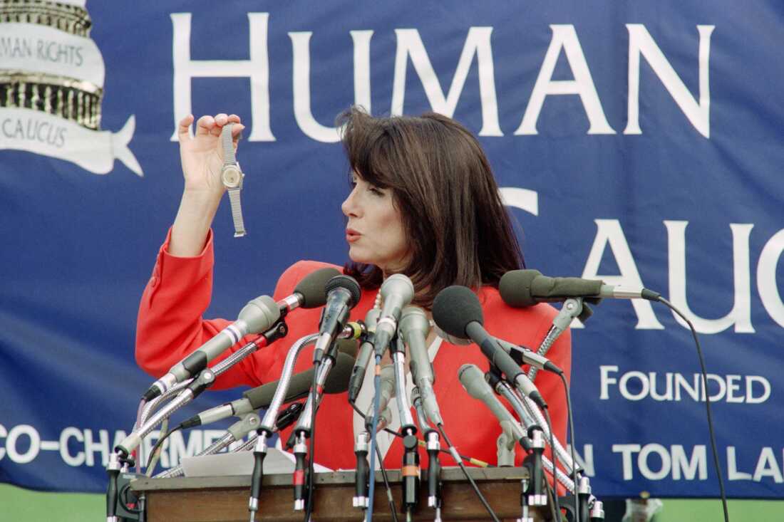 Rep. California Nancy Pelosi holds a watch on June 4, 1991 reportedly smuggled out of China. - Pelosi said the watches were given to soldiers who helped crush the Tiananmen Square protesters.