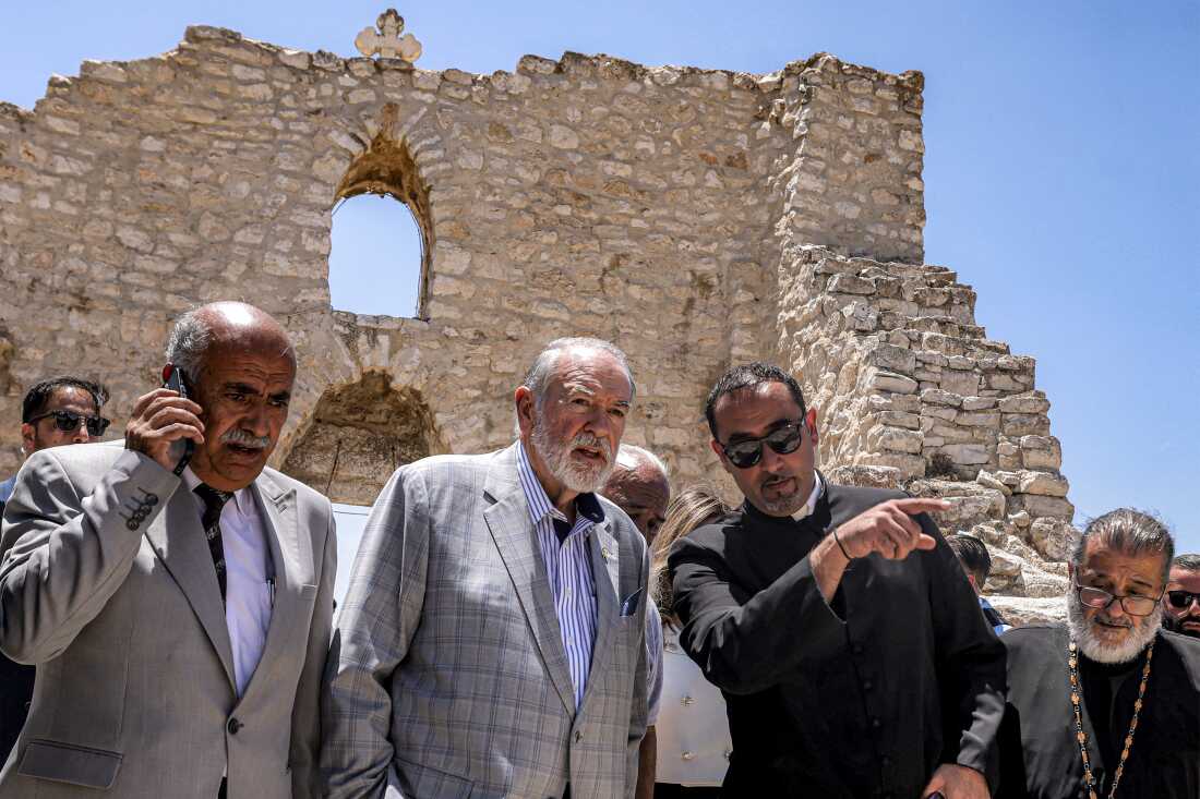 Ambassador to Israel Mike Huckabee (Center) tours the fifth-century Church of St George in the Palestinian Christian village of Taybeh, northeast of Ramallah in the occupied West Bank, on July 19, 2025. Huckabee and others in the Trump Administration continue to be highly supportive of Israel.