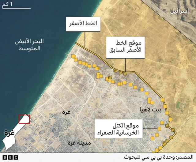 رسم توضيحي من بي بي سي يظهر حركة الكتل الصفراء في منطقة بيت لاهيا بغزة