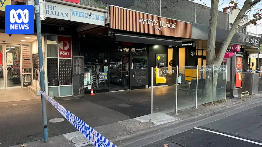 Police at a cordoned Andy's Place cafe on Mount Alexander Road in Essendon North after shots were fired