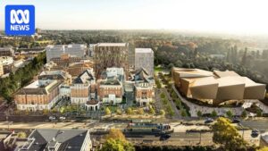 Artist impression of Lot Fourteen with proposed Tarrkarri gallery near the old Royal Adelaide Hospital site
