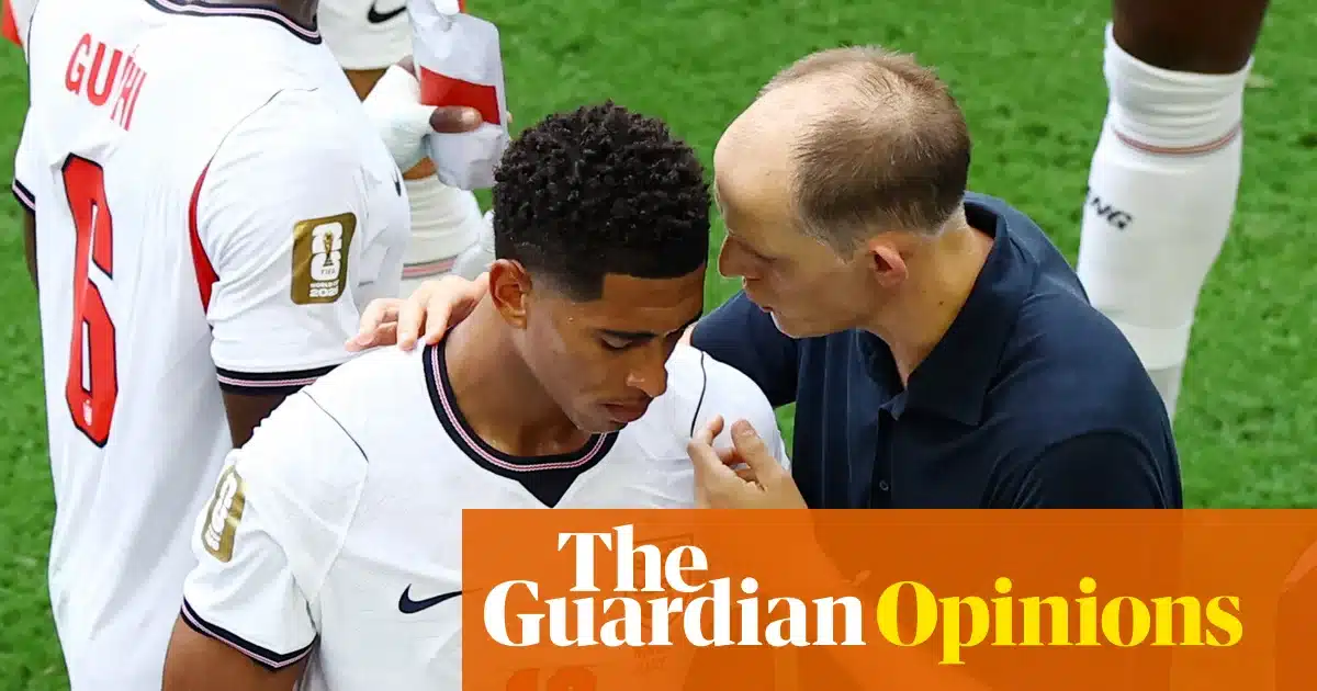 Thomas Tuchel speaking to media and Jude Bellingham reacting after England's quarter-final in Miami