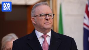 Prime Minister Anthony Albanese speaking at a lectern