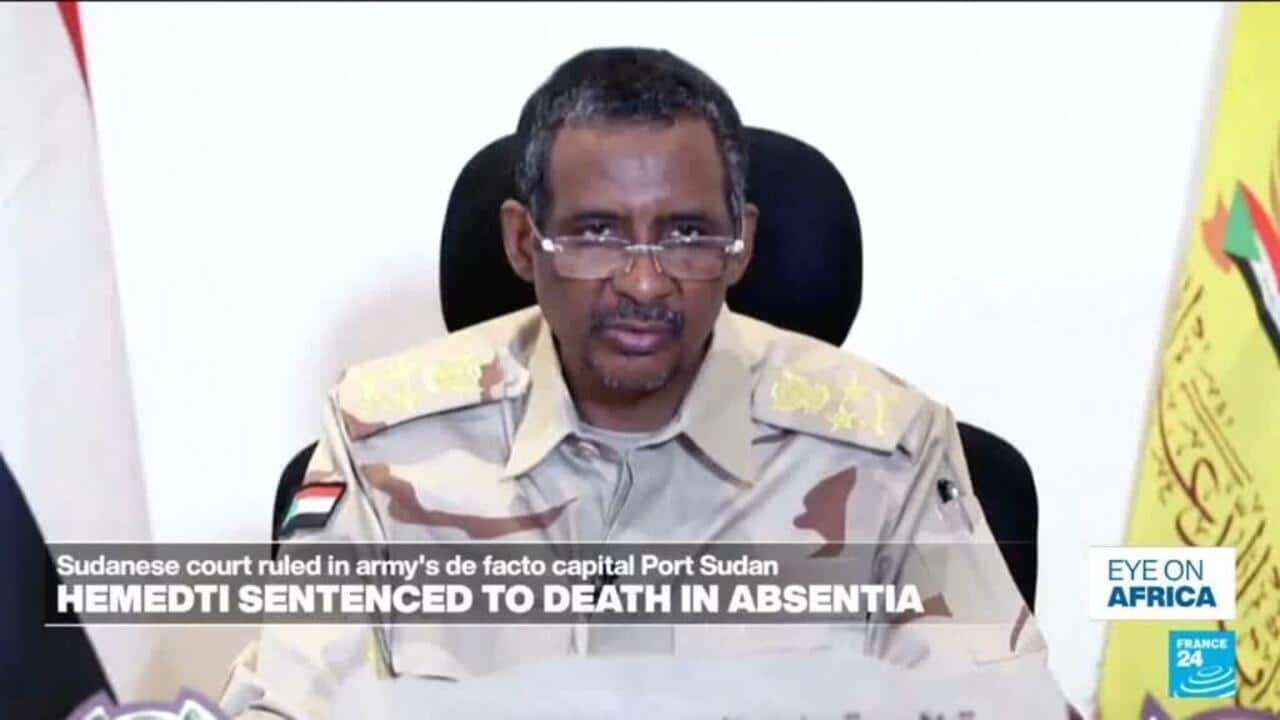 France 24 cover image for report on Sudanese court sentencing Hemedti to death in absentia