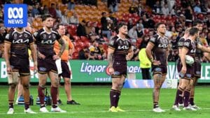 Brisbane Broncos players dejected after a loss ahead of must-win game against Penrith Panthers
