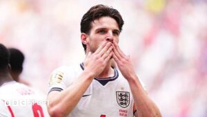 Declan Rice captaining England in the 6-4 win over France in Miami