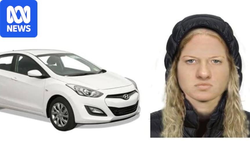CCTV images of a woman in a black hoodie and pink pants with blonde curly hair near a hire Hyundai i30 in Warrnambool