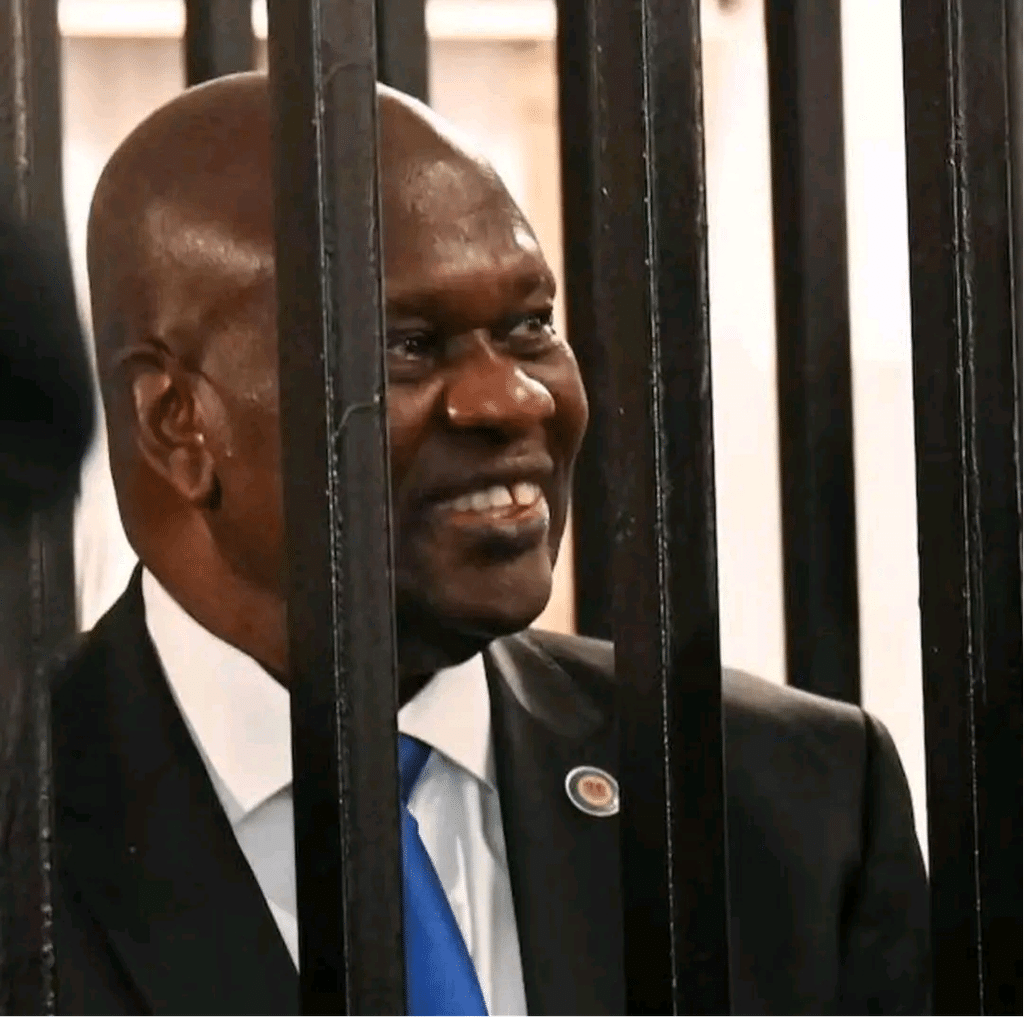 Dr Riek Machar pictured during court proceedings in South Sudan