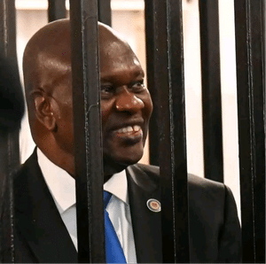 Dr Riek Machar pictured during court proceedings in South Sudan