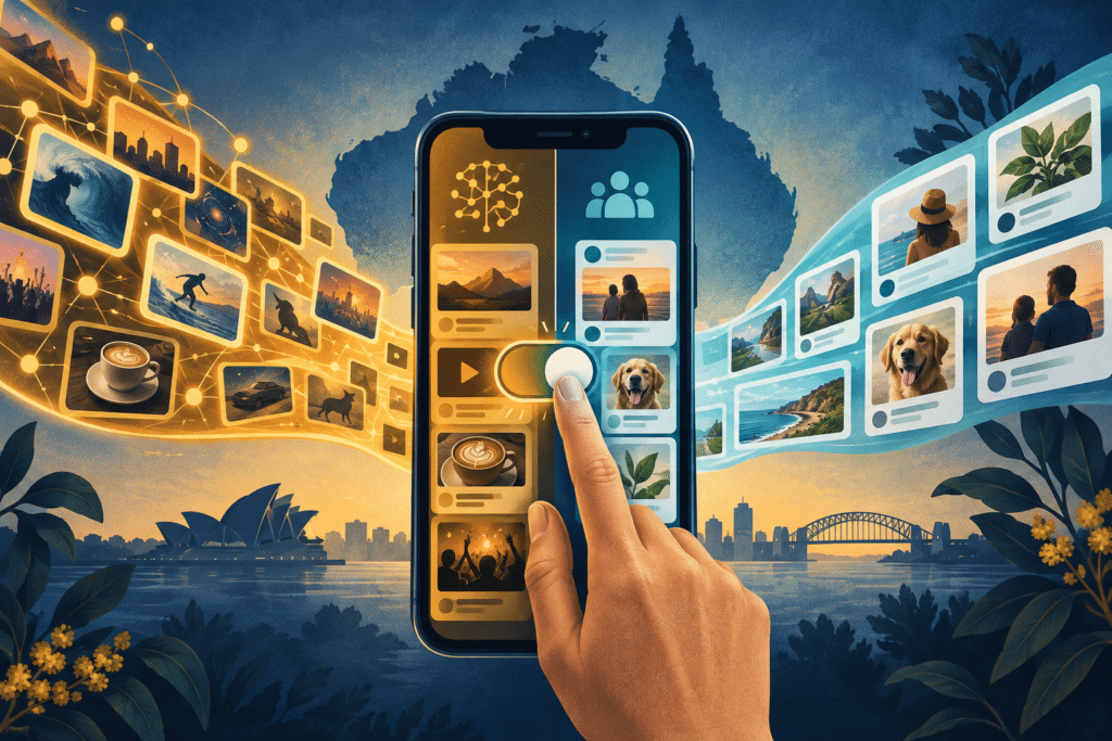 AI-generated illustration of a person choosing between recommended content and followed accounts on a smartphone, with Australia in the background.