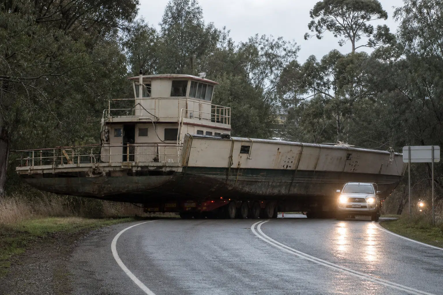 Old ferry briefly blocks Channel Highway near Cygnet